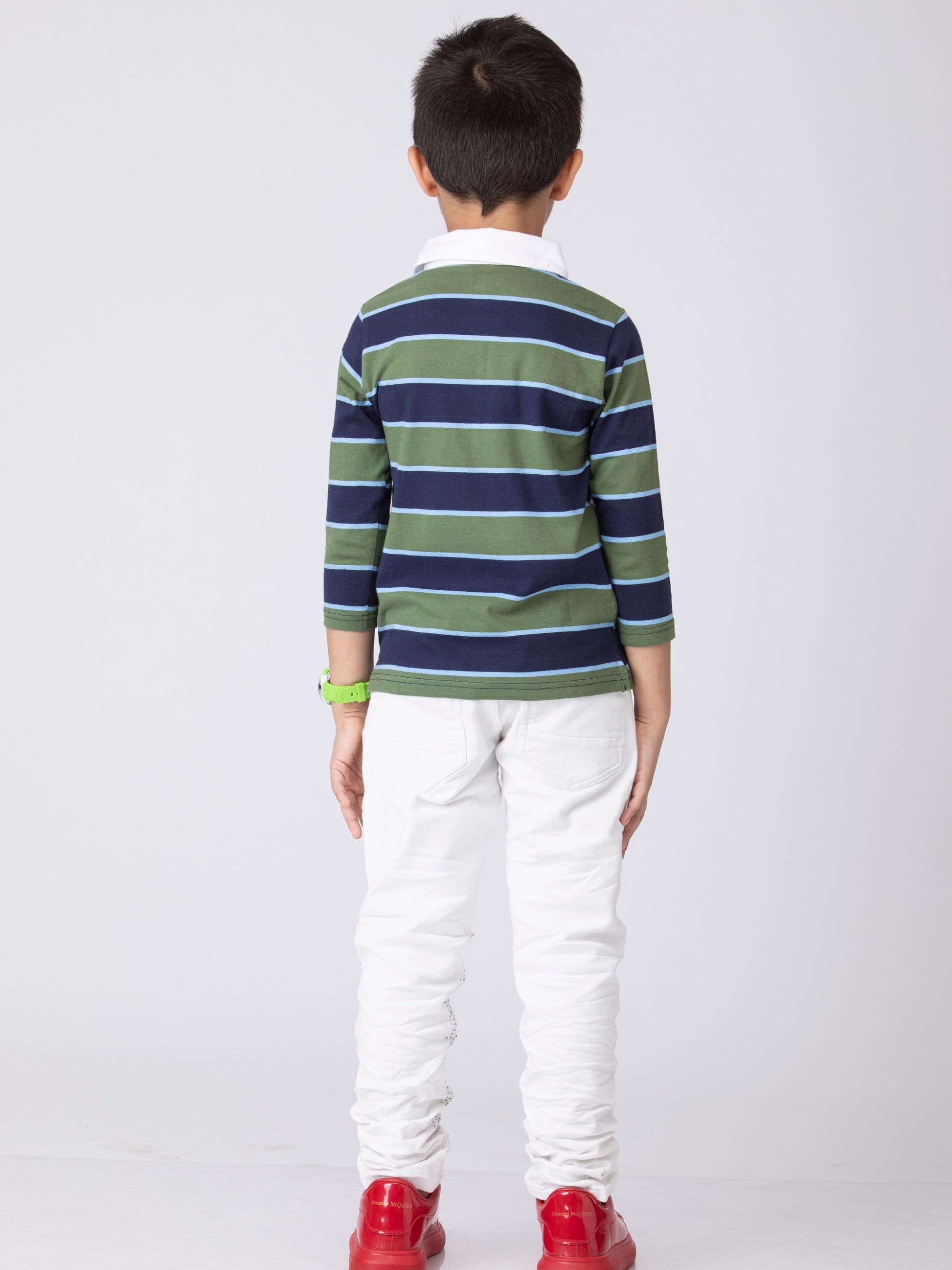 Preppy Boys Stipes Collar T-Shirt Green Navy Combo