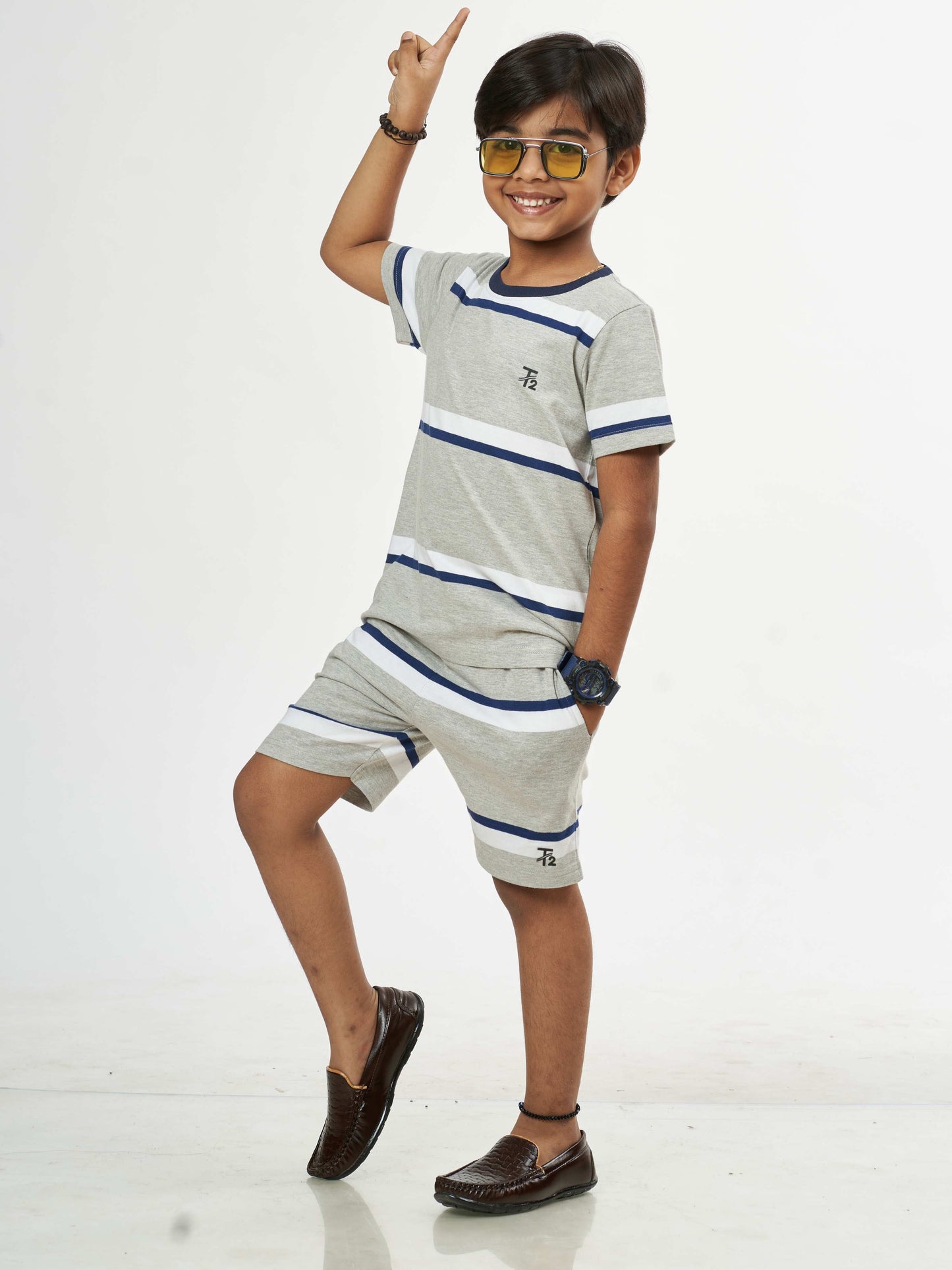 Melange Blue Stripes Boys pure Cotton Co-Ords Set