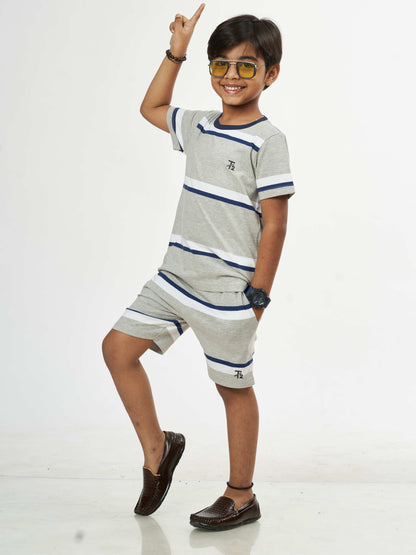 Melange Blue Stripes Boys pure Cotton Co-Ords Set