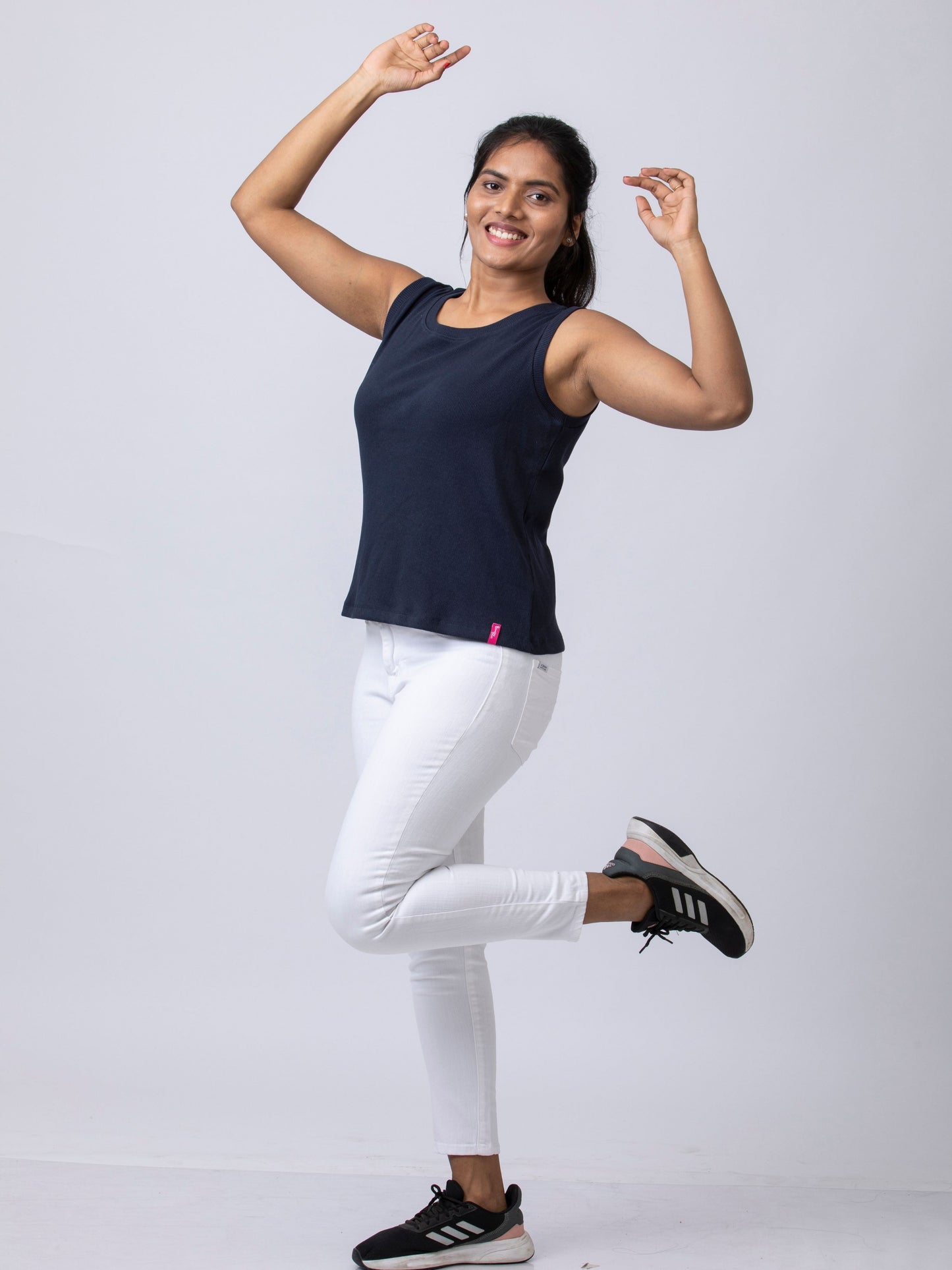 Women's Sleeve Less Round Neck Rib Fabric Stretchy Winter T-Shirt - Navy