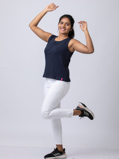 Women's Sleeve Less Round Neck Rib Fabric Stretchy Winter T-Shirt - Navy