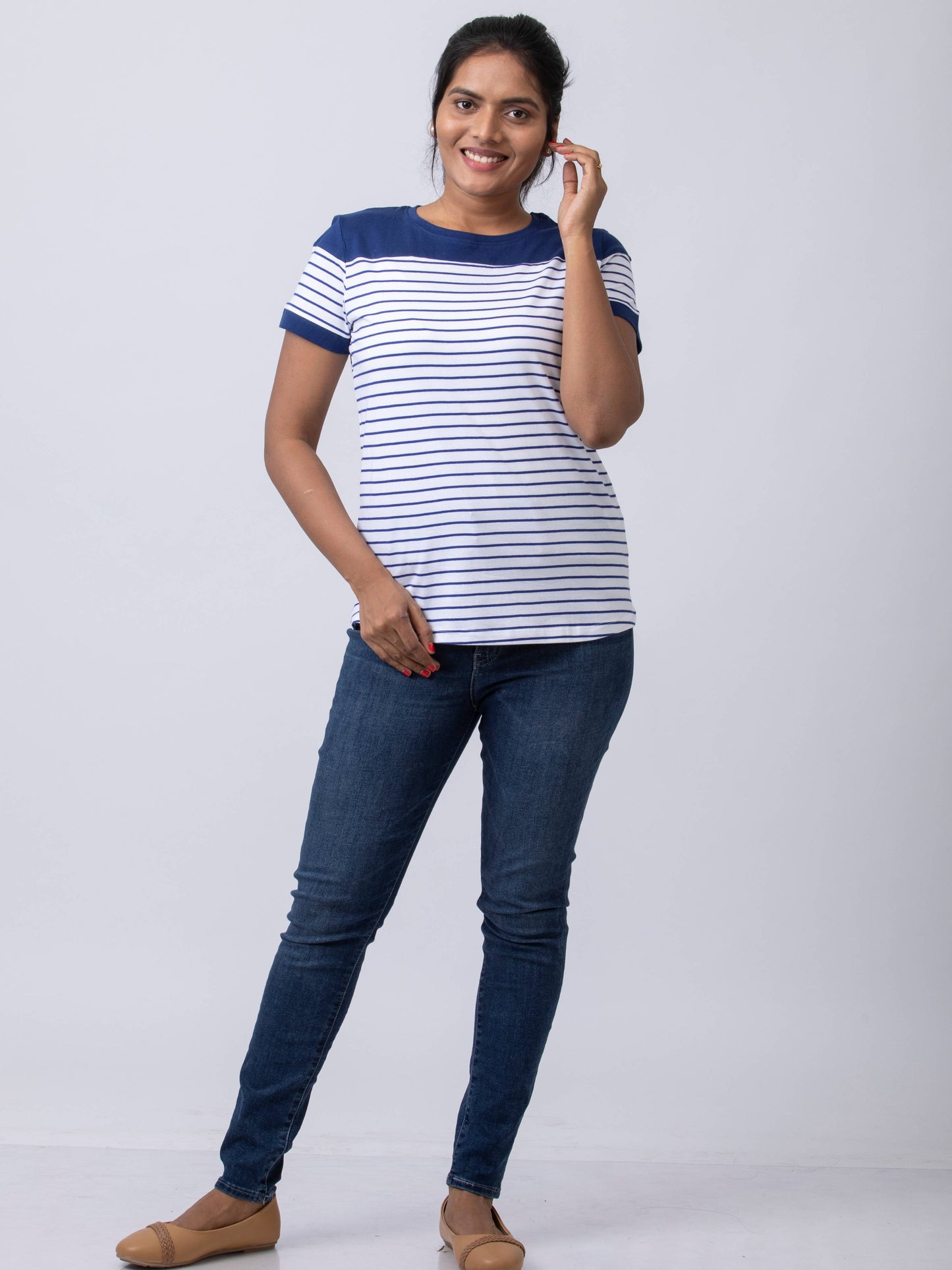 Soft & Premium Women's Printed Cotton T-Shirt - White/Navy