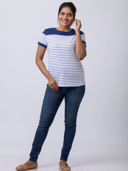 Soft & Premium Women's Printed Cotton T-Shirt - White/Navy