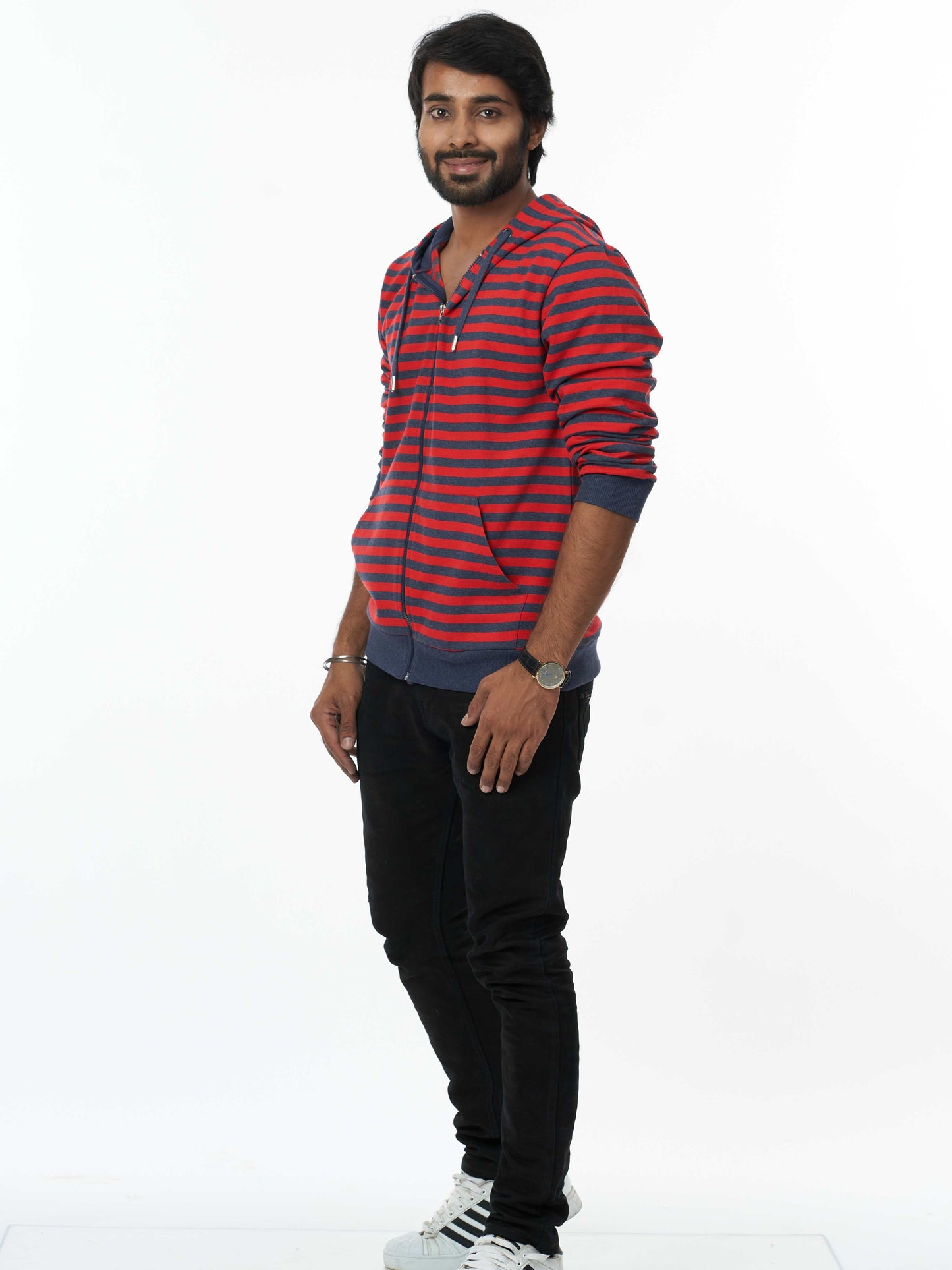 Stylish Men's Hooded Sweatshirt- Black Red Stripes