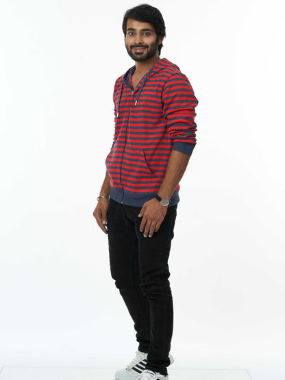 Stylish Men's Hooded Sweatshirt- Black Red Stripes