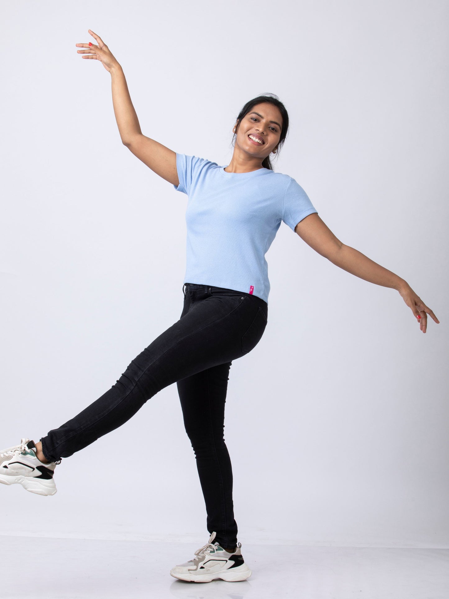 Women's Round Neck Rib Fabric Stretchy Winter T-Shirt - Blue