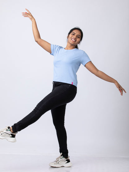 Women's Round Neck Rib Fabric Stretchy Winter T-Shirt - Blue