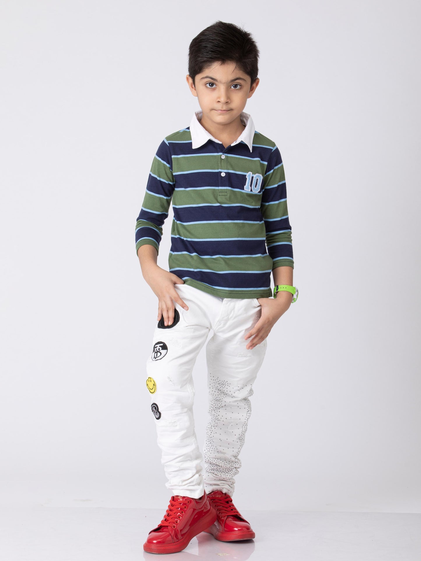 Preppy Boys Stipes Collar T-Shirt Green Navy Combo