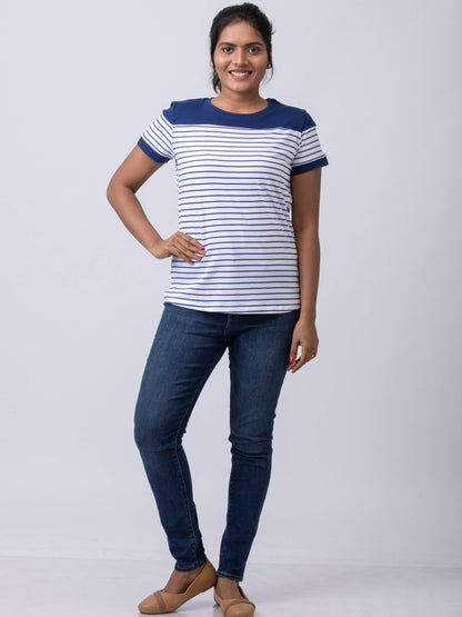 Soft & Premium Women's Printed Cotton T-Shirt - White/Navy
