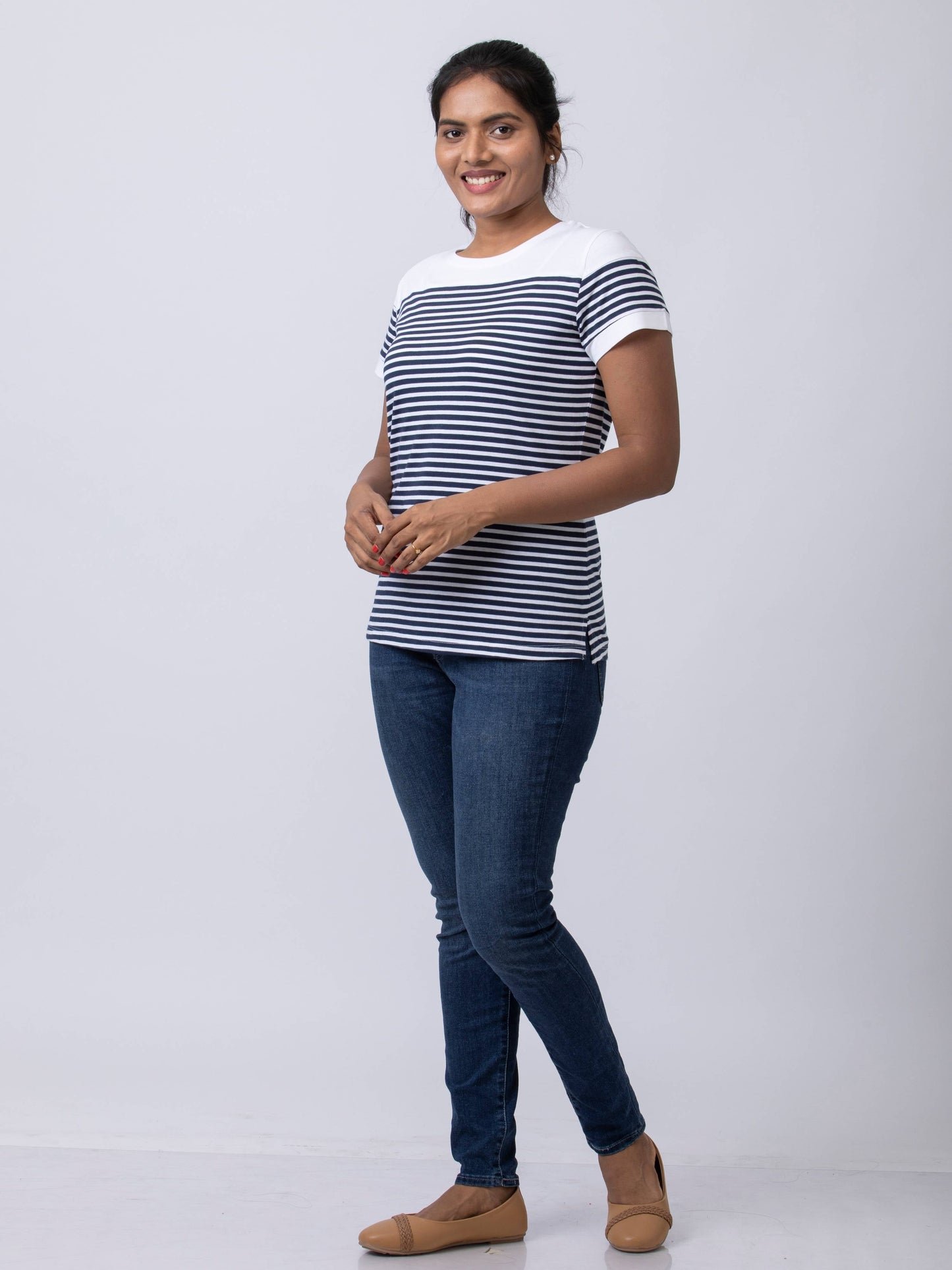 Soft & Premium Women's Printed Cotton T-Shirt - Navy/White