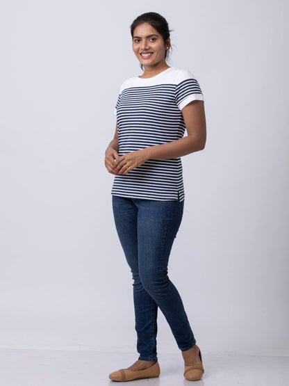 Soft & Premium Women's Printed Cotton T-Shirt - Navy/White