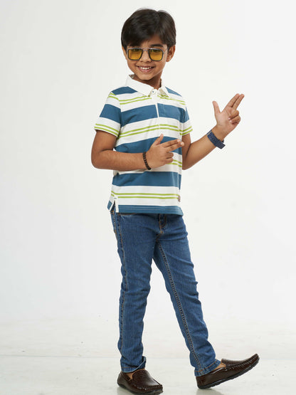 Boys White Blue Stripes Boys Cotton T-Shirt