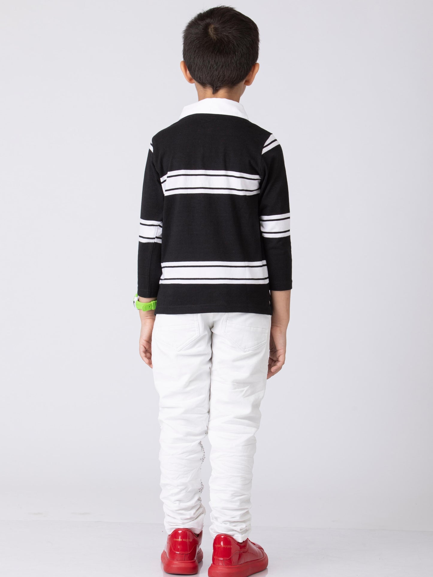 Preppy Boys Stipes Collar T-Shirt Black White Combo