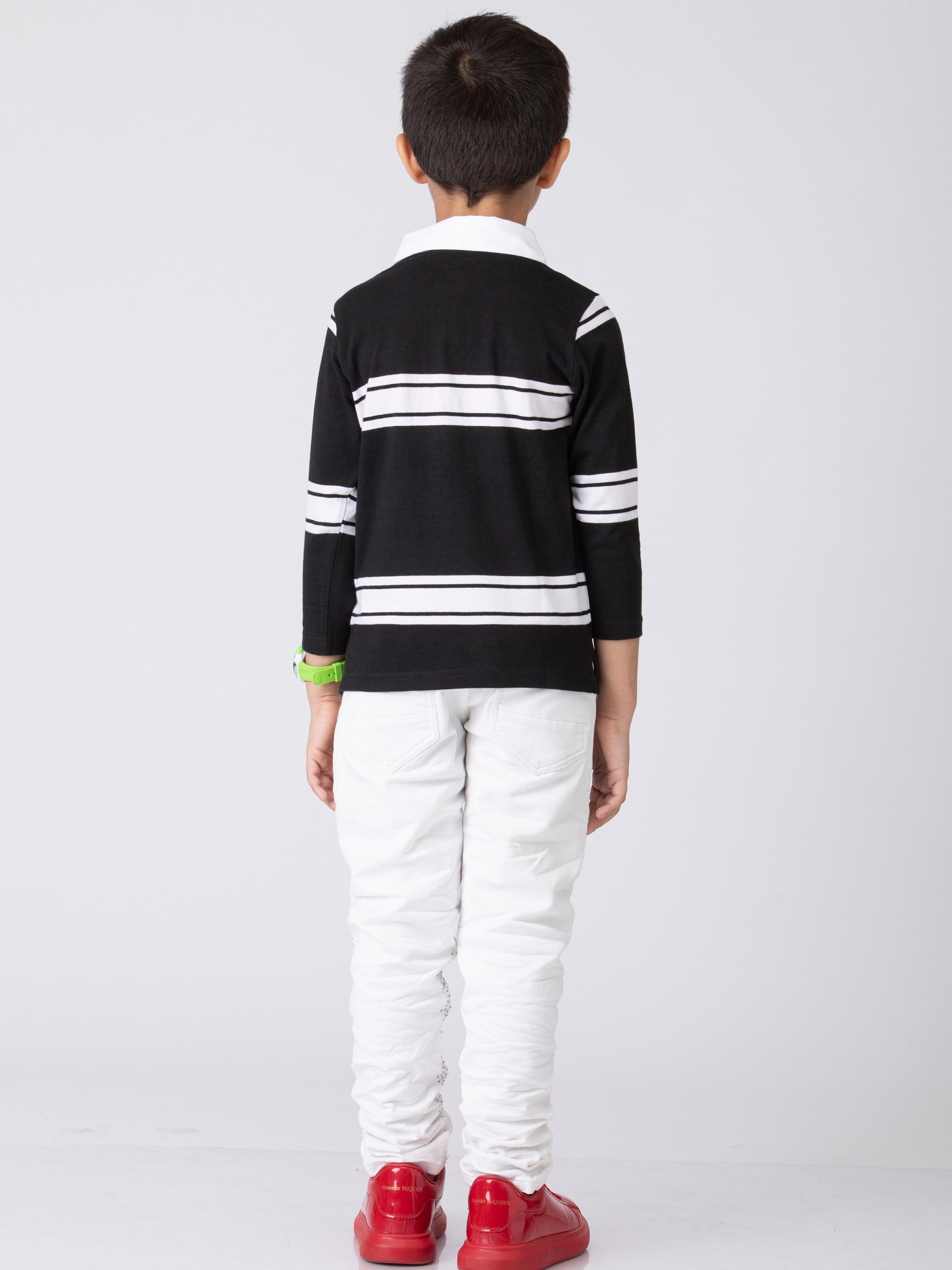 Preppy Boys Stipes Collar T-Shirt Black White Combo