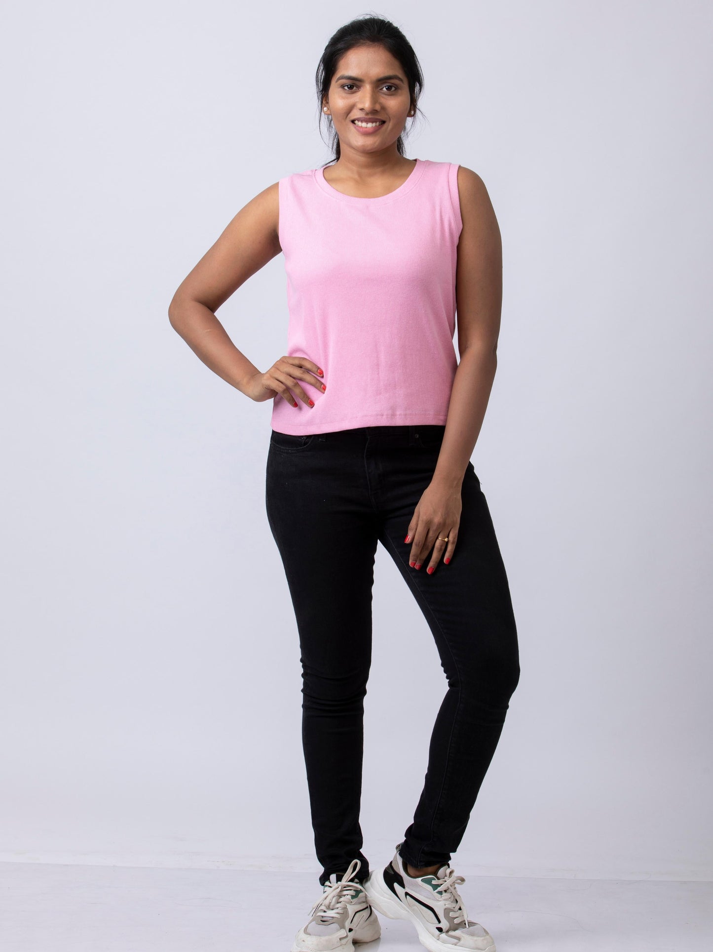 Women's Sleeve Less Round Neck Rib Fabric Stretchy Winter T-Shirt - Pink