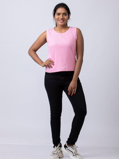 Women's Sleeve Less Round Neck Rib Fabric Stretchy Winter T-Shirt - Pink