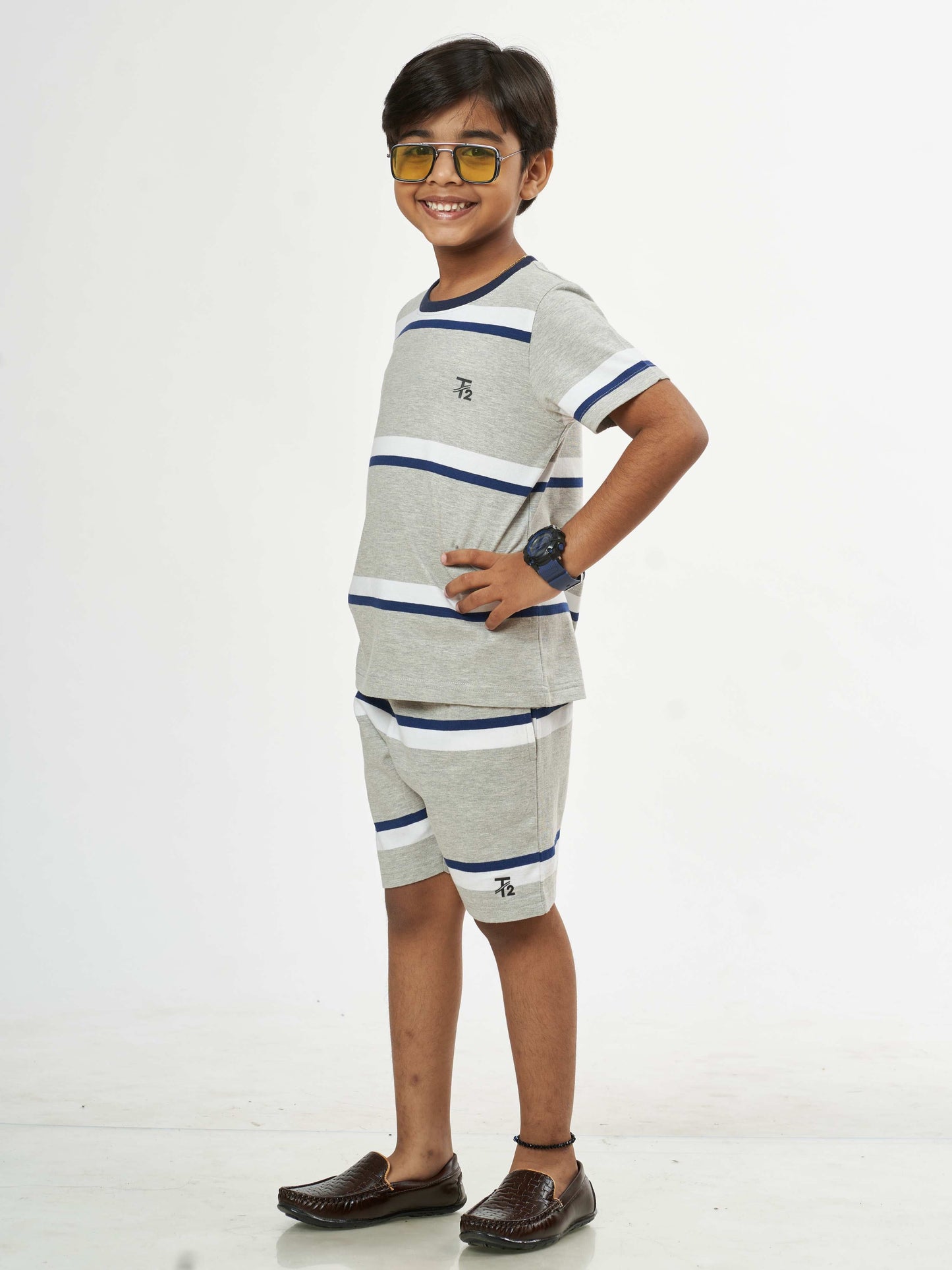 Melange Blue Stripes Boys pure Cotton Co-Ords Set