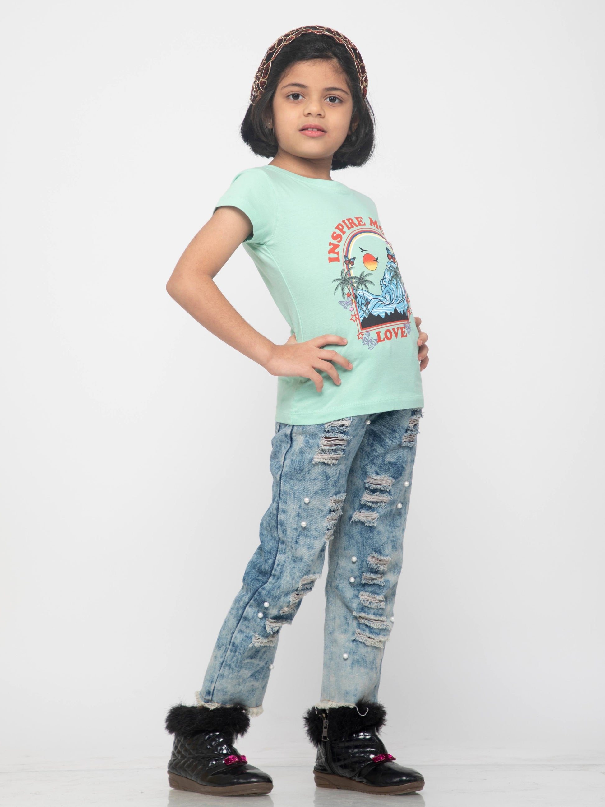 Inspire More Cotton Girls T-Shirt Blue