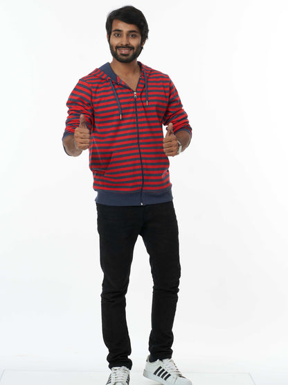 Stylish Men's Hooded Sweatshirt- Black Red Stripes