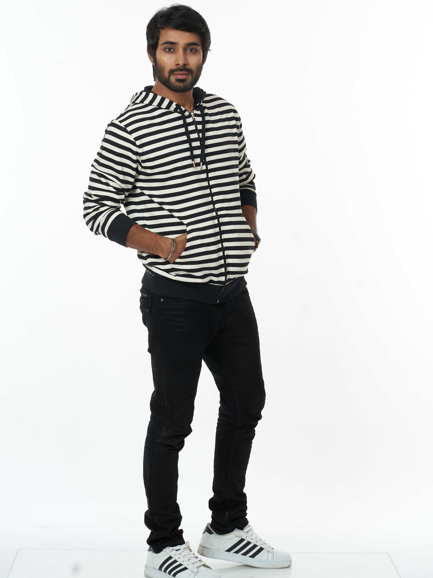Stylish Men's Hooded Sweatshirt- Black White Stripes