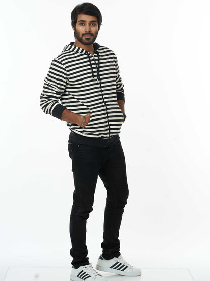 Stylish Men's Hooded Sweatshirt- Black White Stripes