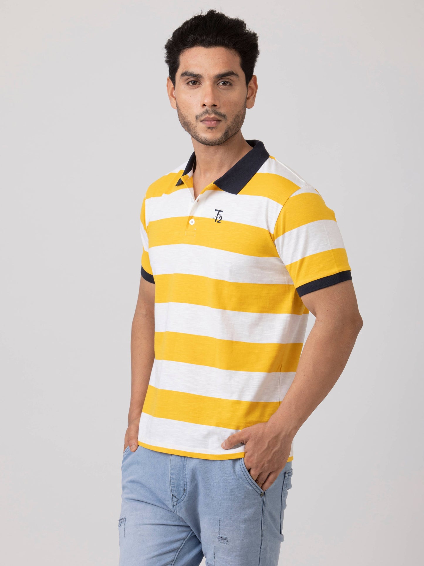 Polo Spirit Stripes Classic & Comfortable 100% Cotton Mens Collar T-Shirt - Yellow White