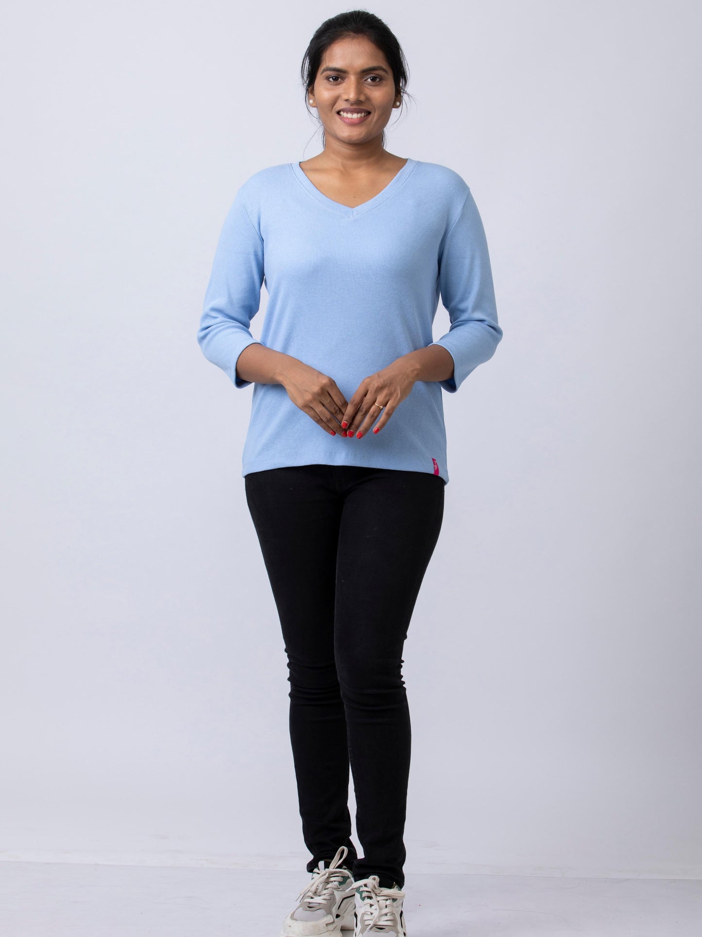 Women's  V Neck Rib Fabric Stretchy Winter T-Shirt - Blue