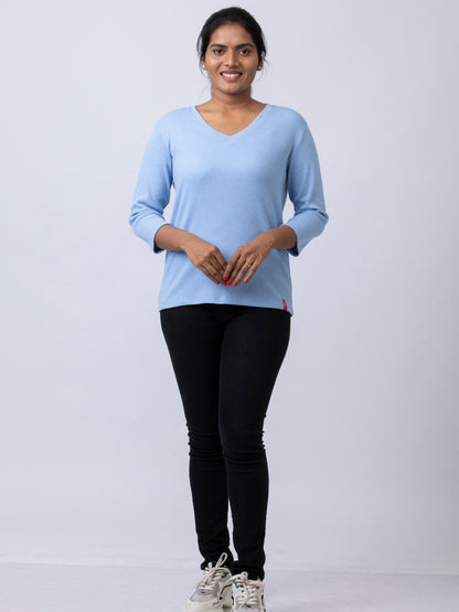 Women's  V Neck Rib Fabric Stretchy Winter T-Shirt - Blue