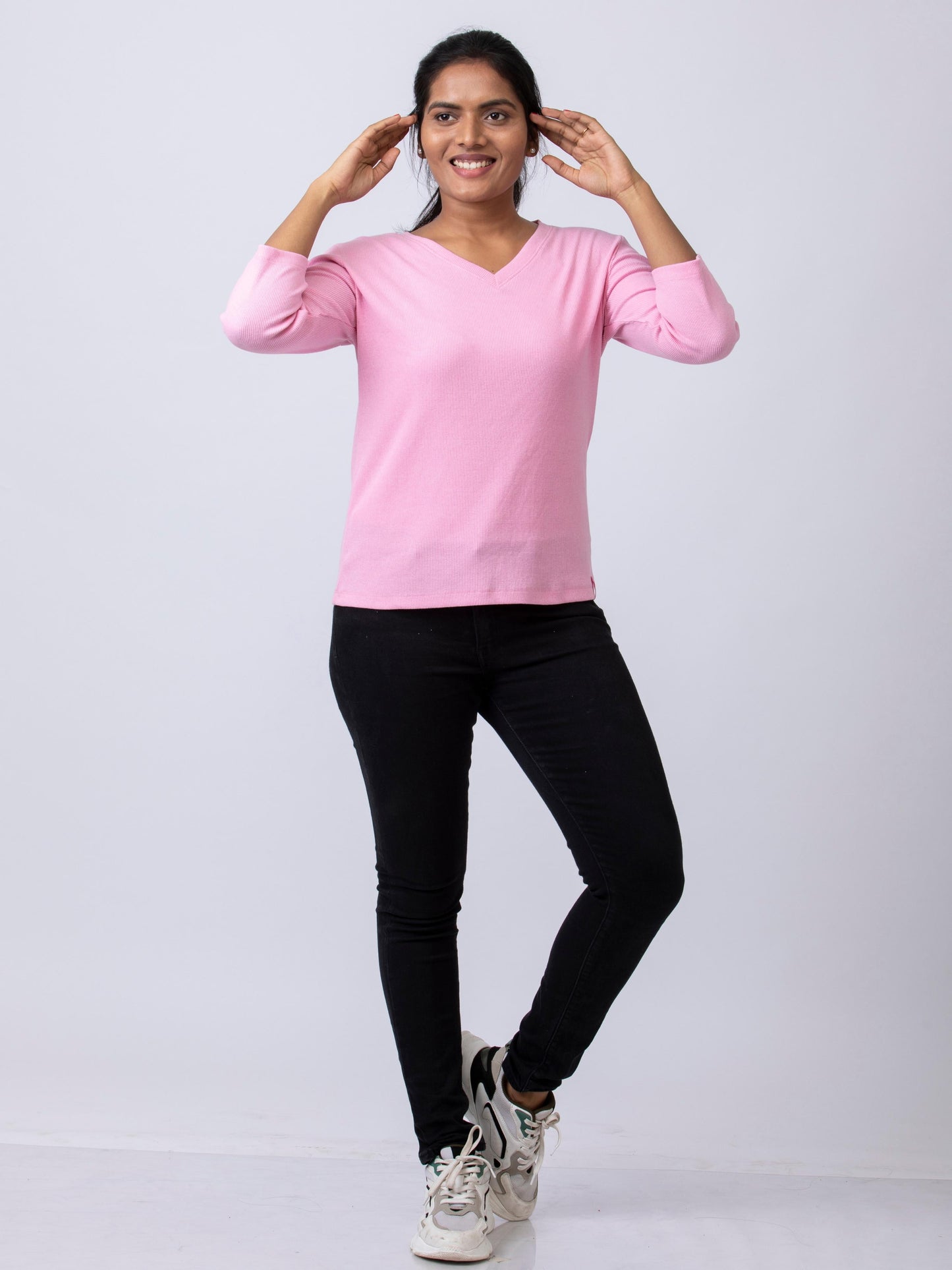 Women's  V Neck Rib Fabric Stretchy Winter T-Shirt - Pink