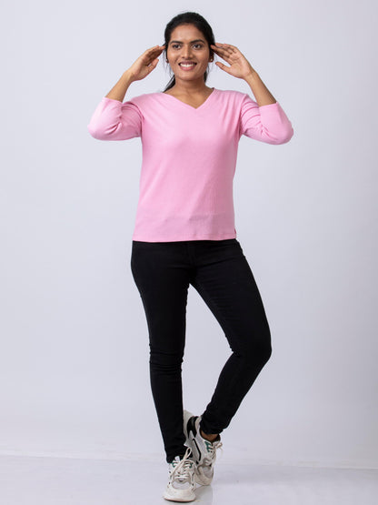 Women's  V Neck Rib Fabric Stretchy Winter T-Shirt - Pink