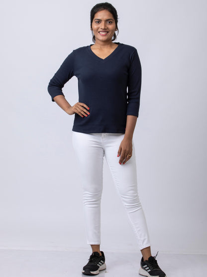 Women's  V Neck Rib Fabric Stretchy Winter T-Shirt - Navy