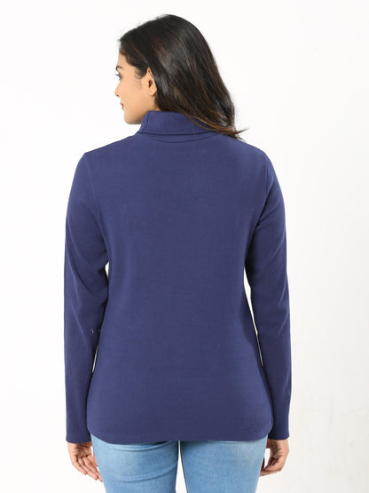 High Neck Full Sleeve Women's T-Shirt - Navy