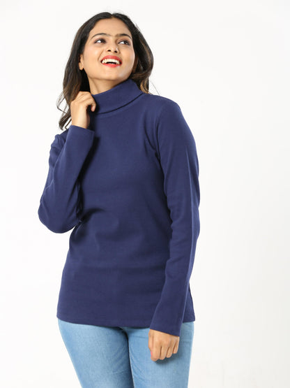 High Neck Full Sleeve Women's T-Shirt - Navy
