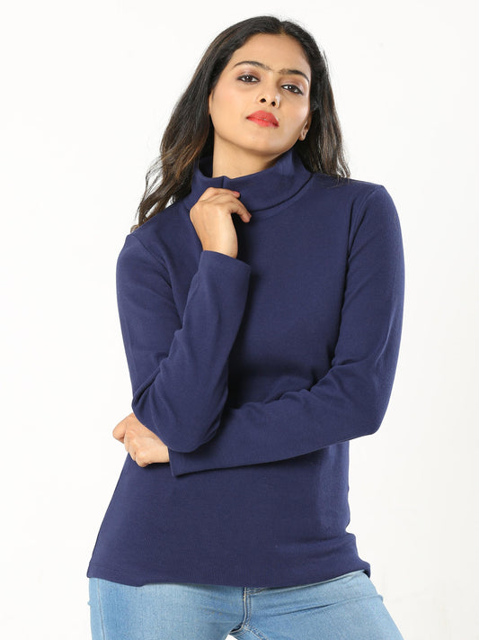 High Neck Full Sleeve Women's T-Shirt - Navy