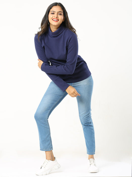 High Neck Full Sleeve Women's T-Shirt - Navy