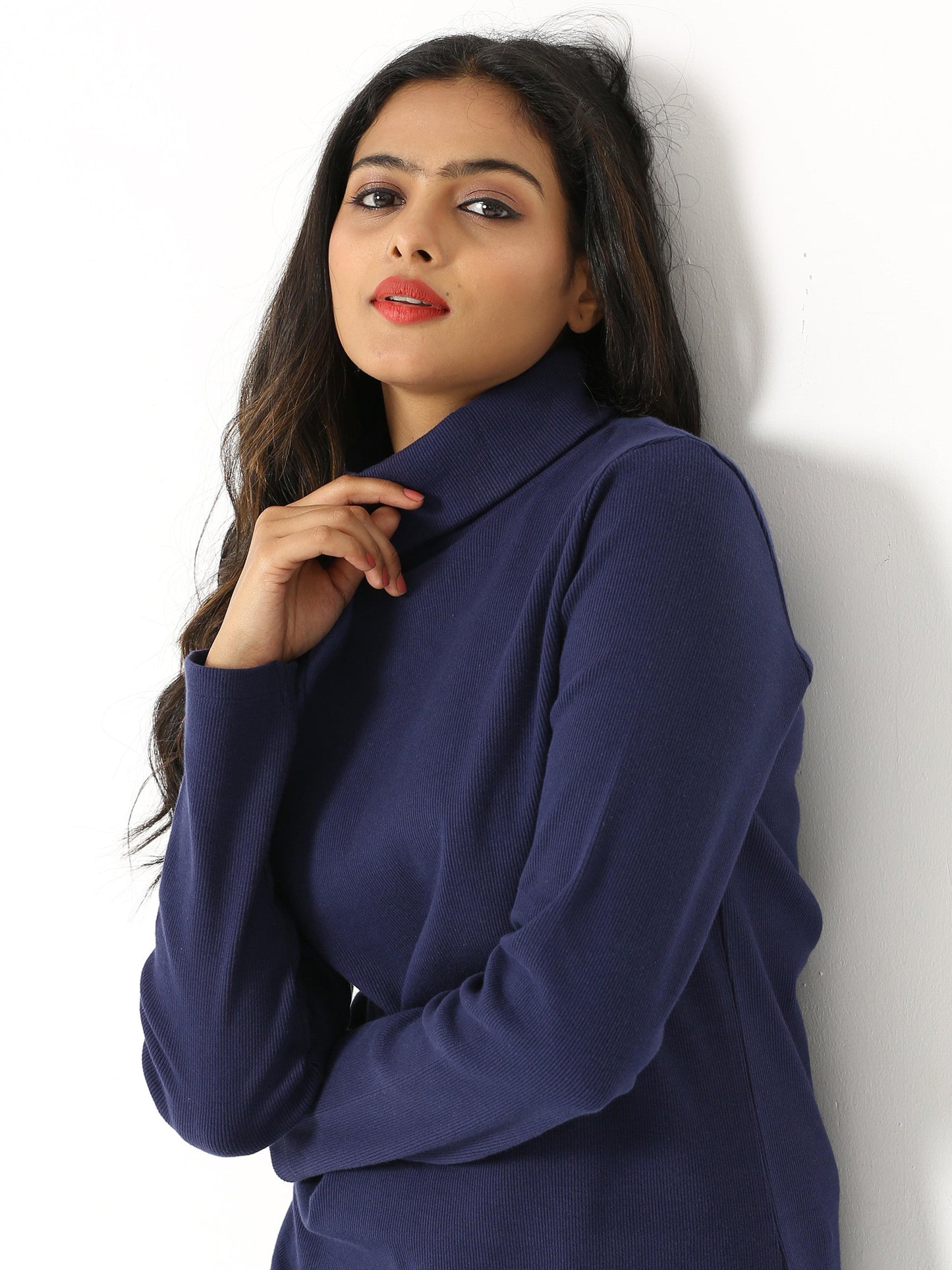 High Neck Full Sleeve Women's T-Shirt - Navy