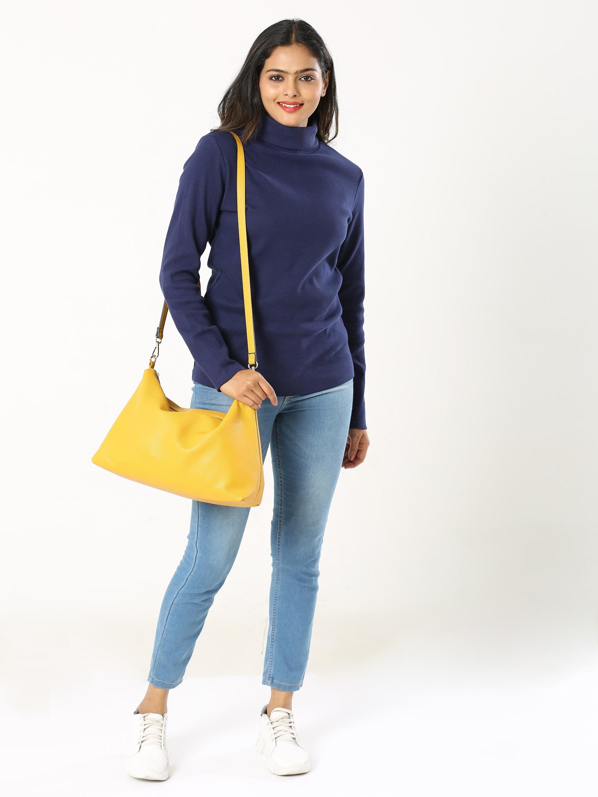 High Neck Full Sleeve Women's T-Shirt - Navy