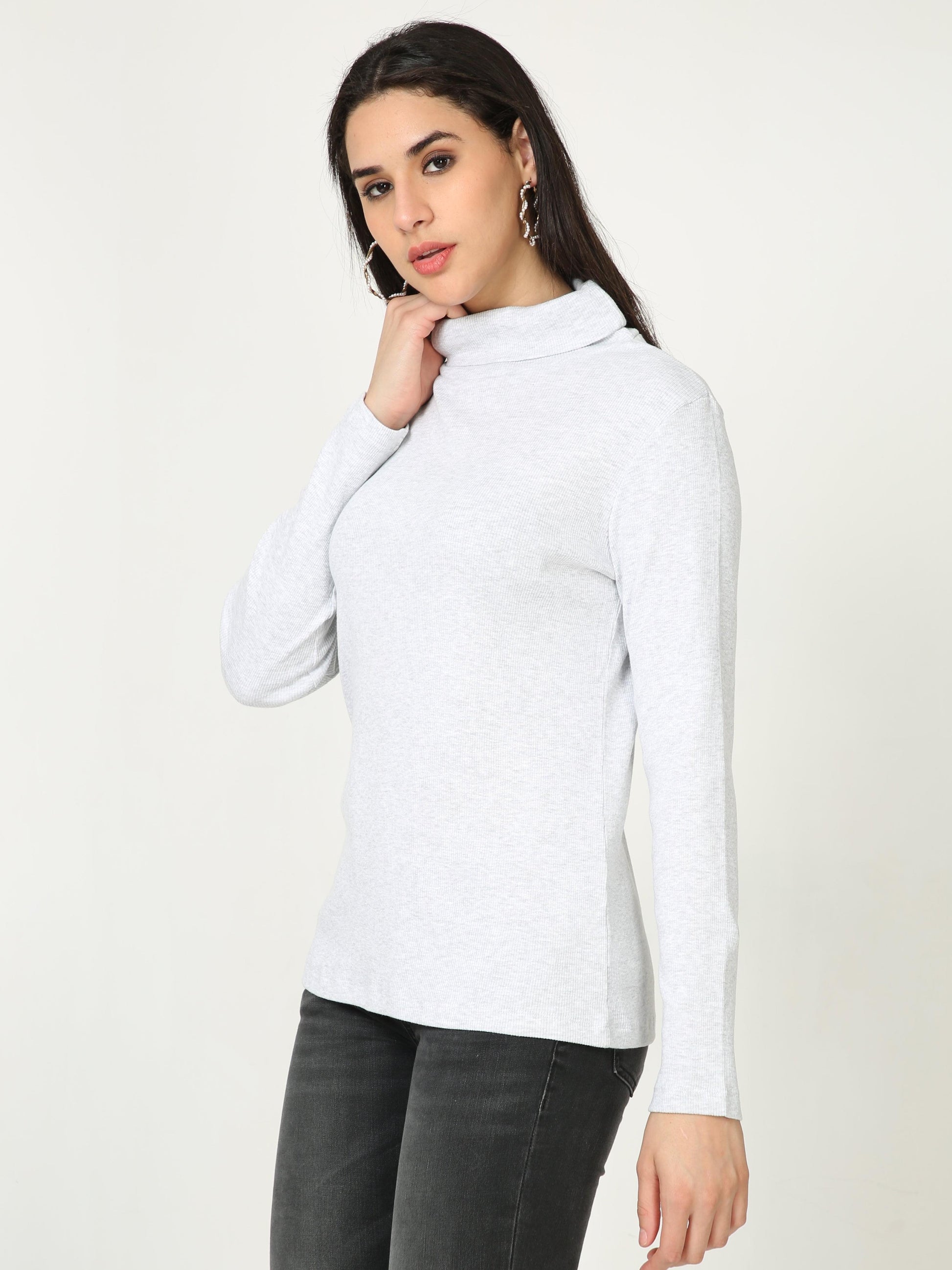 High Neck Full Sleeve Women's T-Shirt - Grey
