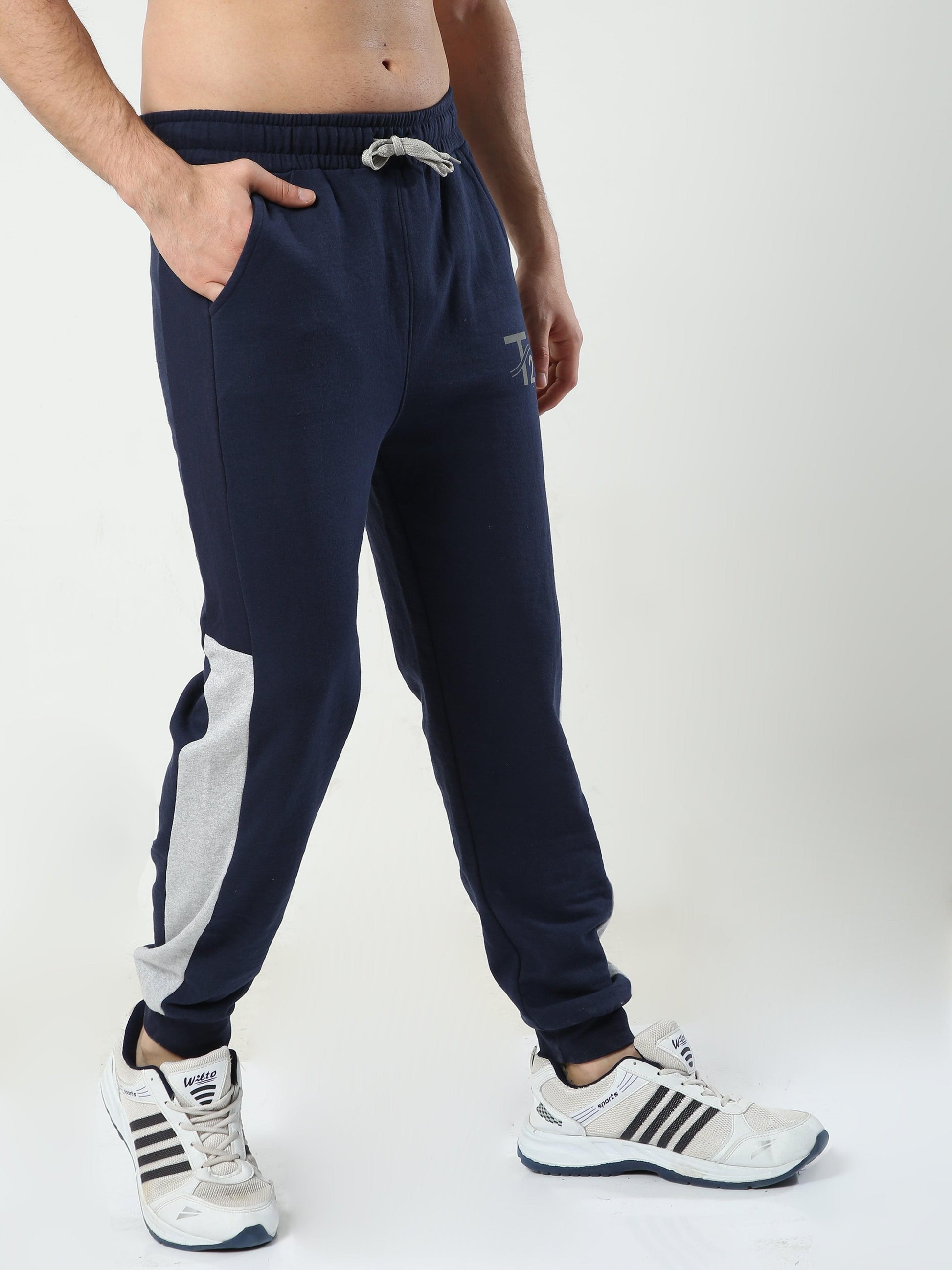 All Day Comfy Men's Cotton Joggers - Navy with Melange Side Panel