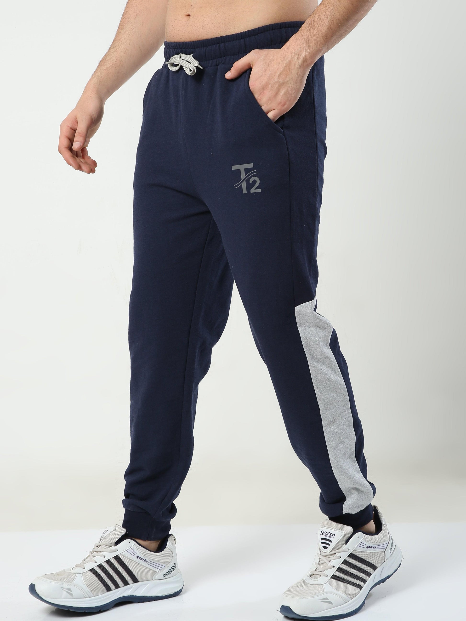 All Day Comfy Men's Cotton Joggers - Navy with Melange Side Panel