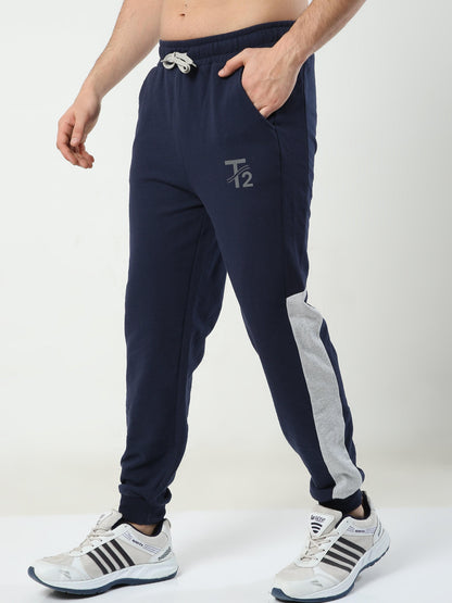 All Day Comfy Men's Cotton Joggers - Navy with Melange Side Panel