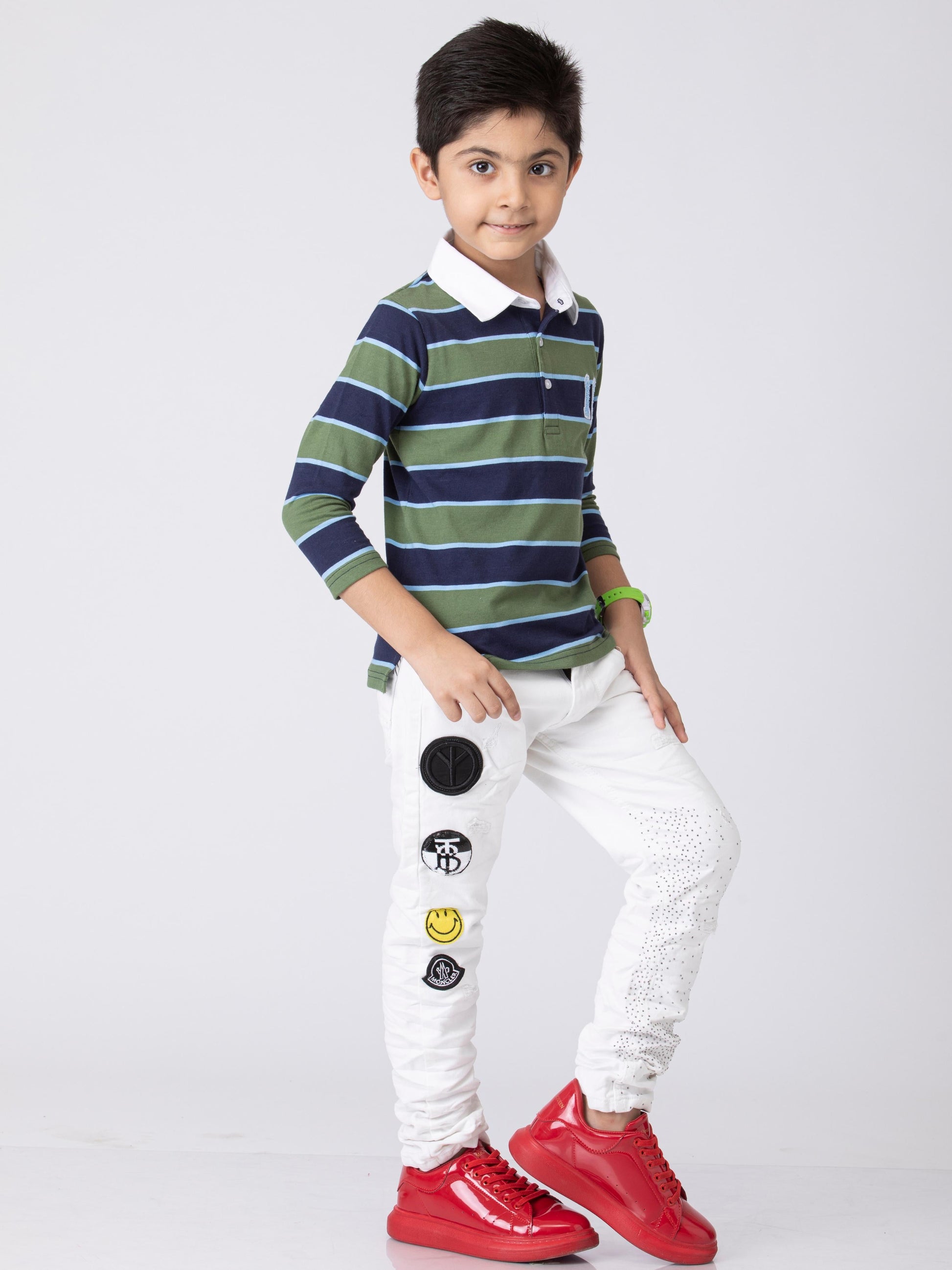 Preppy Boys Stipes Collar T-Shirt Green Navy Combo