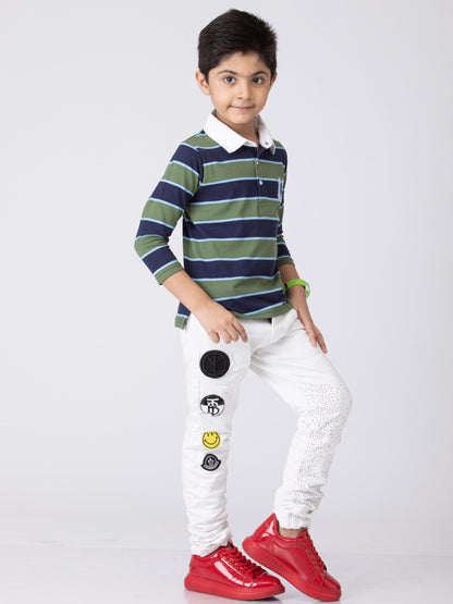 Preppy Boys Stipes Collar T-Shirt Green Navy Combo