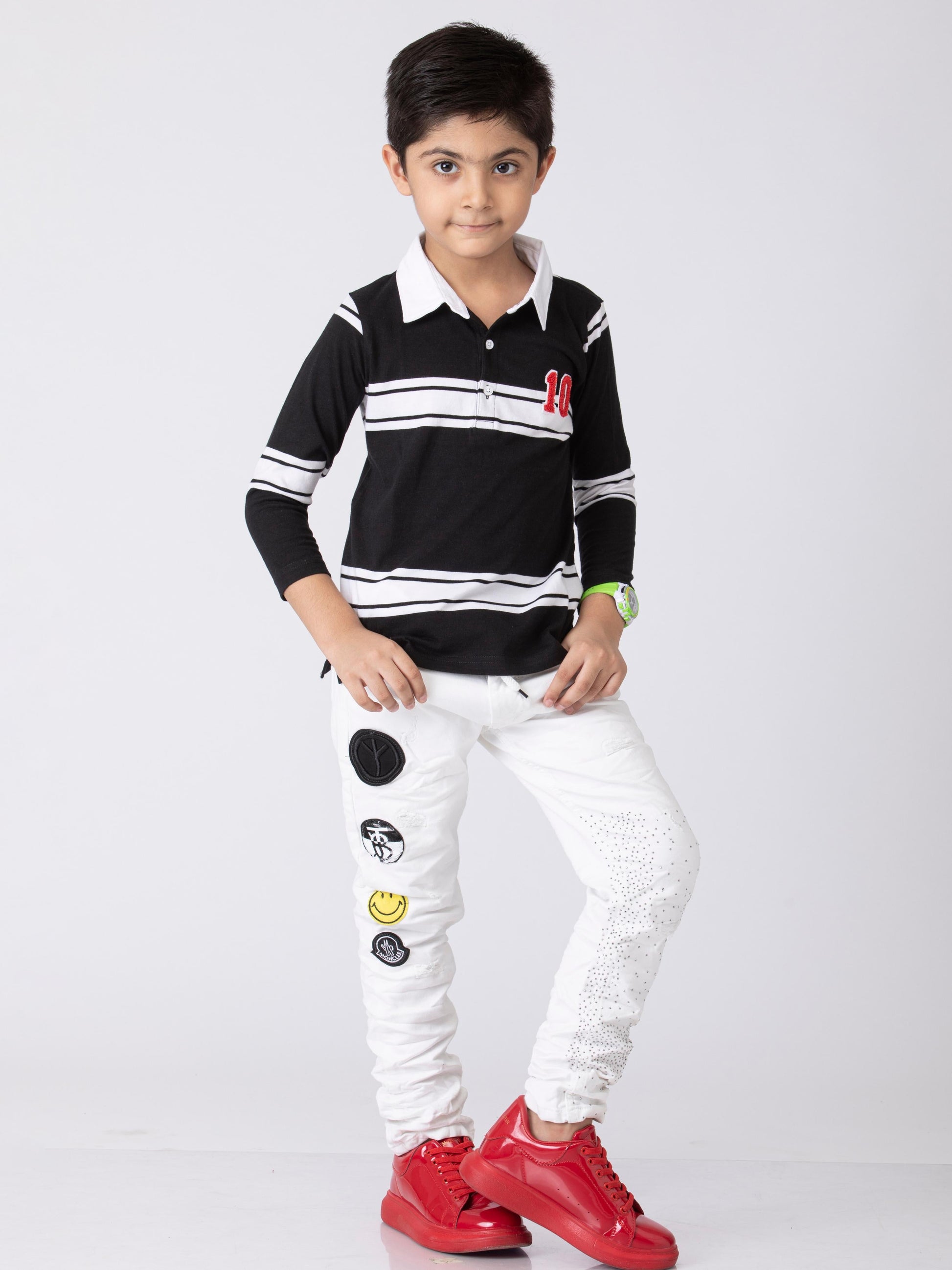 Preppy Boys Stipes Collar T-Shirt Black White Combo