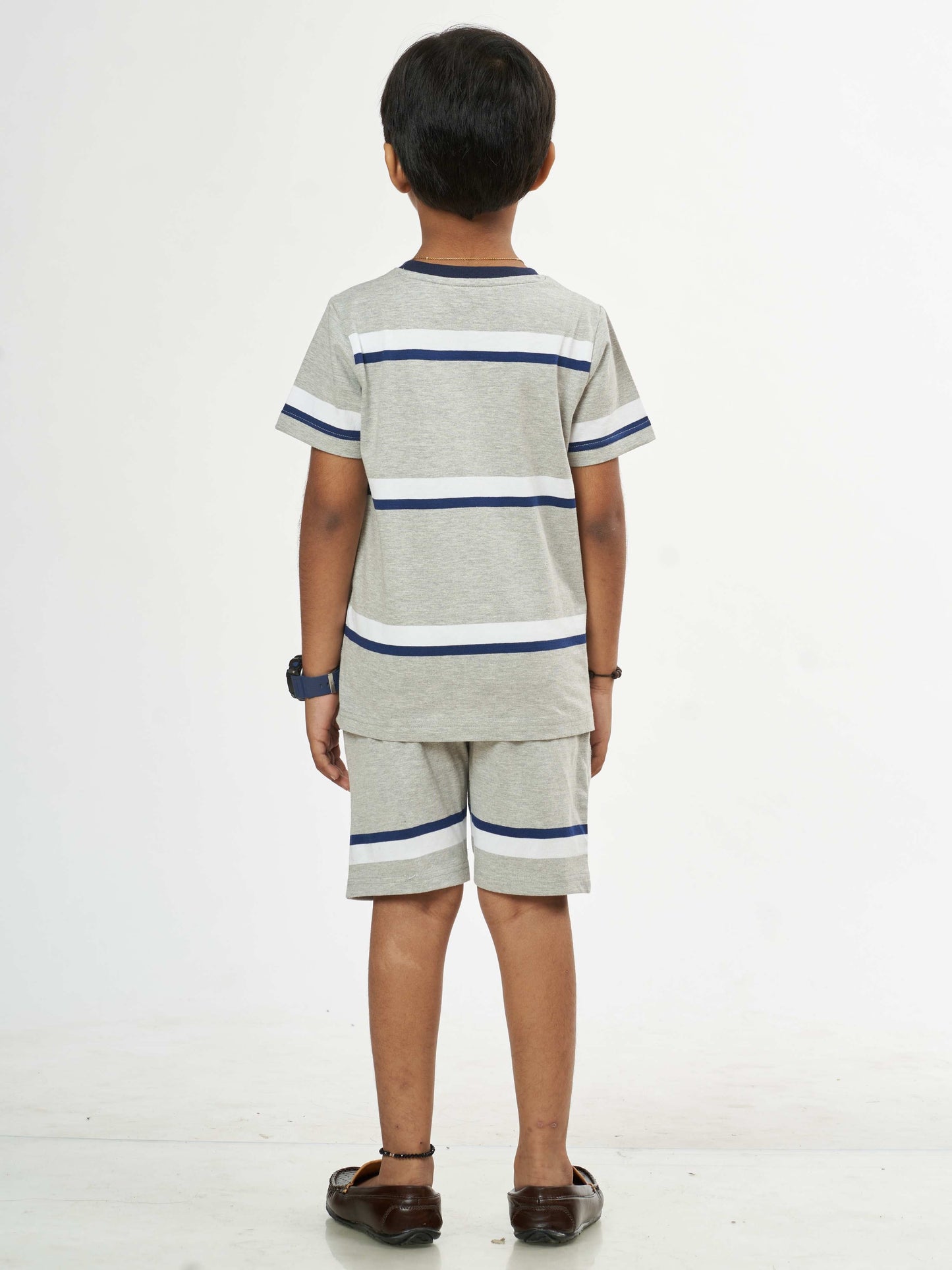 Melange Blue Stripes Boys pure Cotton Co-Ords Set