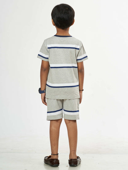 Melange Blue Stripes Boys pure Cotton Co-Ords Set