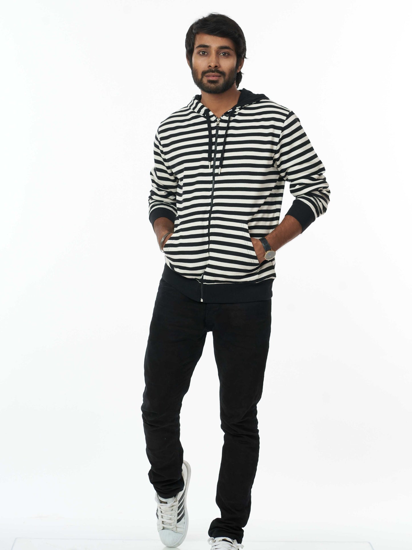 Stylish Men's Hooded Sweatshirt- Black White Stripes