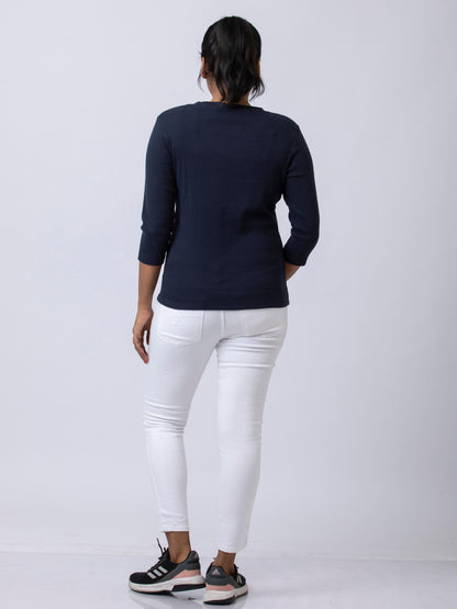 Women's  V Neck Rib Fabric Stretchy Winter T-Shirt - Navy