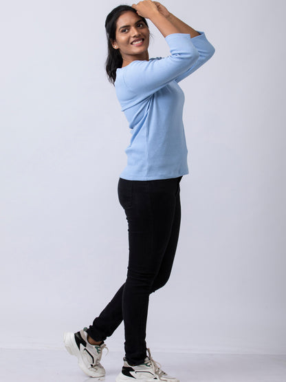 Women's  V Neck Rib Fabric Stretchy Winter T-Shirt - Blue