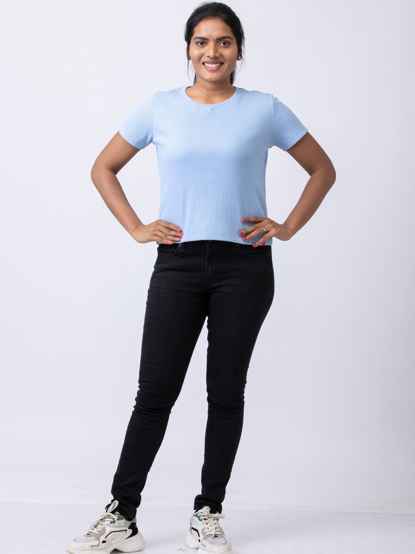 Women's Round Neck Rib Fabric Stretchy Winter T-Shirt - Blue